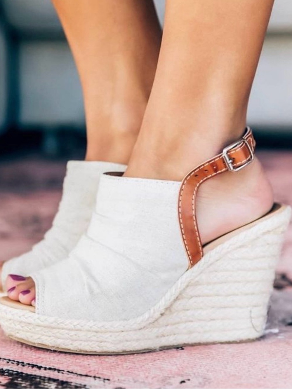 Cream Espadrille Wedge Sandals with Tan Ankle Strap